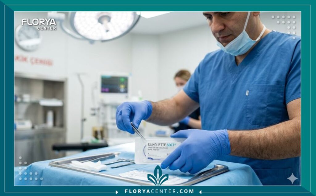 طبيب تجميل في تركيا يقوم بتحضير خيوط سيلويت سوفت الأصلية لإجراء عملية شد وجه في عيادة معقمة.