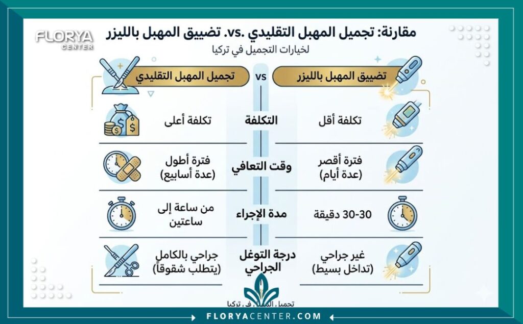 انفوجرافيك يقارن بين تضييق المهبل الجراحي وتضييق المهبل بالليزر في عيادات التجميل في تركيا.