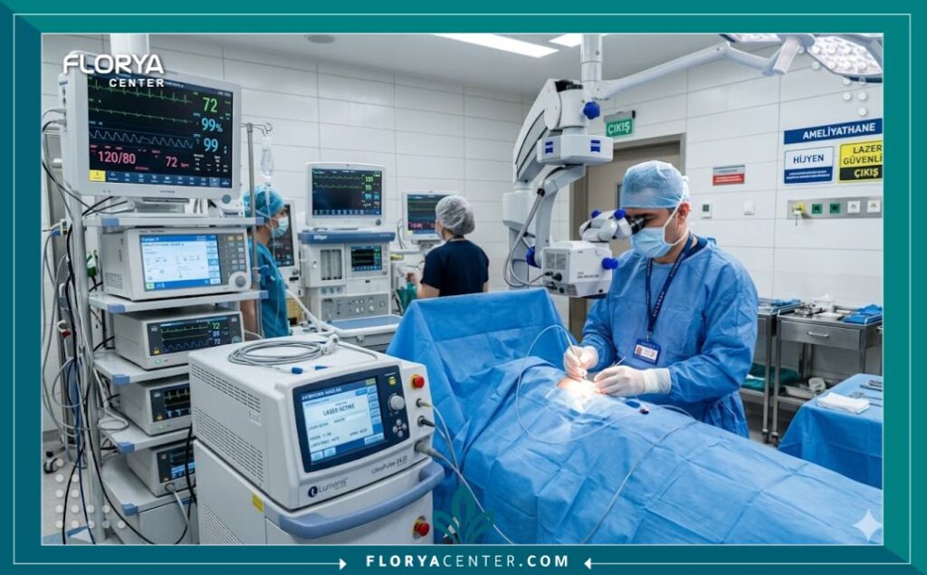 غرفة عمليات مجهزة بأحدث التقنيات لعمليات تجميل النسائية وقص الشفرات في اسطنبول.