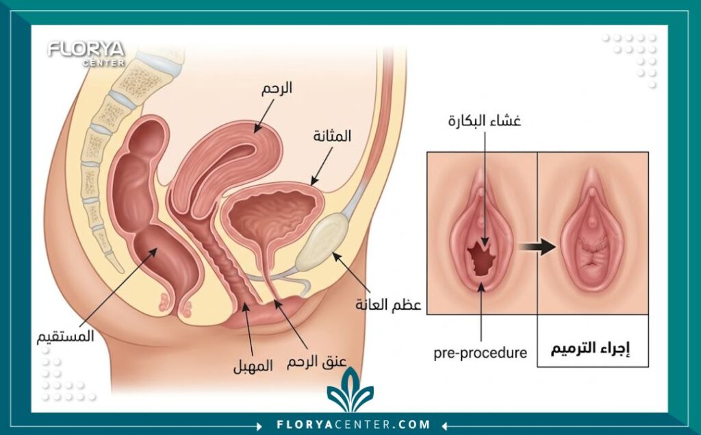 رسم توضيحي طبي ثلاثي الأبعاد يوضح تشريح غشاء البكارة ومنطقة الإجراء الجراحي للترميم.