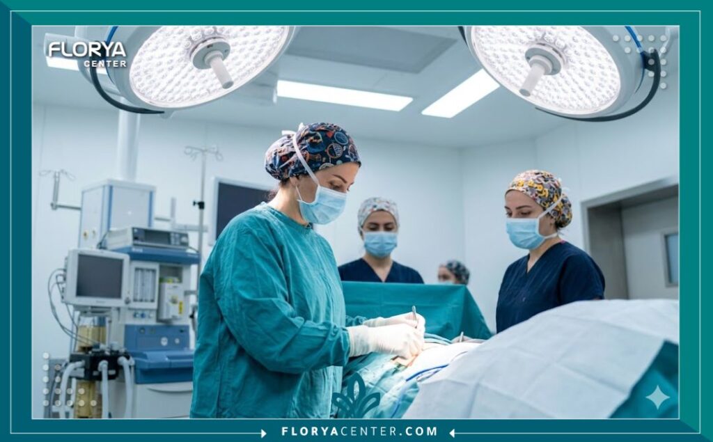 صورة واقعية من داخل غرفة عمليات متطورة في إسطنبول، تركيا، حيث يقوم فريق طبي نسائي بإجراء عملية تجميل نسائي باستخدام أحدث المعدات.