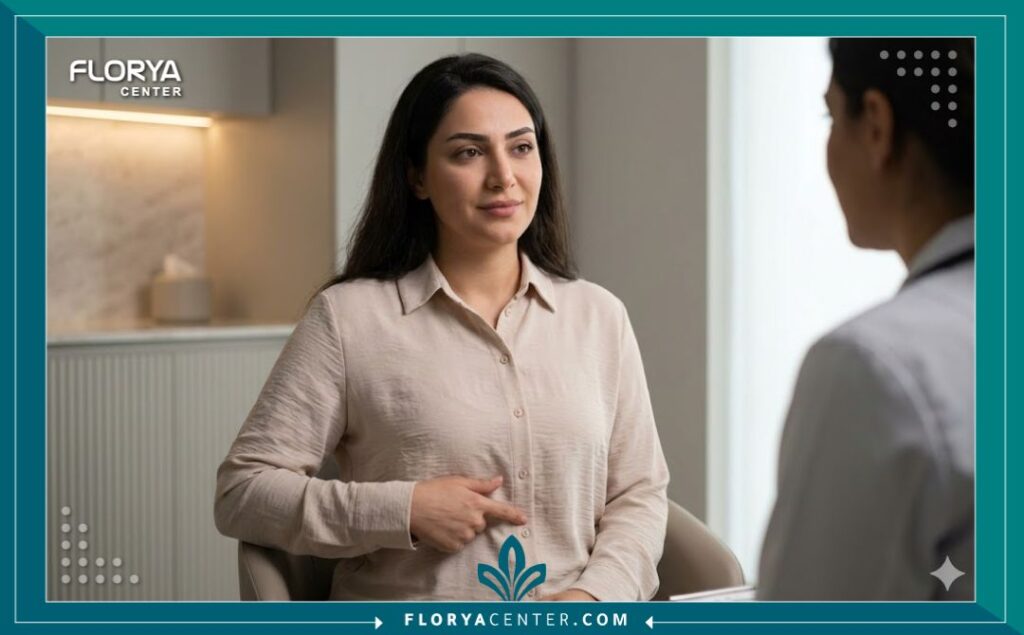 صورة مقربة واقعية لامرأة عربية واثقة تجلس في غرفة استشارة طبية حديثة في إسطنبول بعد عملية تجميل نسائي، مع إضاءة جمالية تبرز رضاها وراحتها.