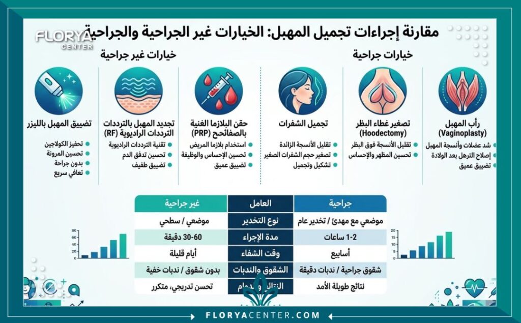 إنفوجرافيك طبي حديث يقارن بين أنواع عمليات التجميل النسائي الجراحية وغير الجراحية في تركيا، مع بيانات توضيحية باللغة العربية.