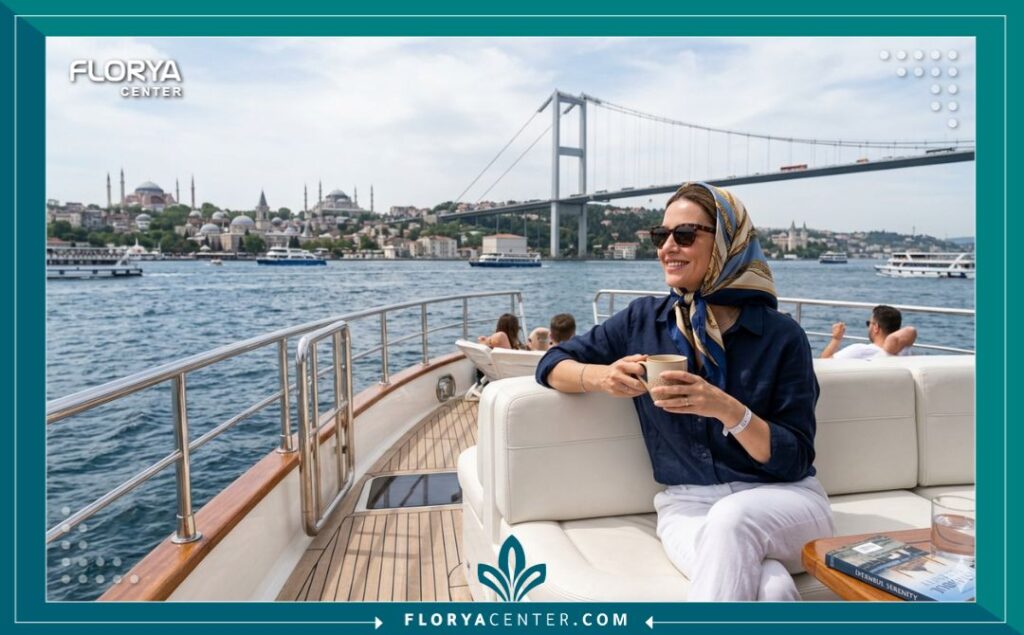 صورة واقعية هادئة لامرأة تتعافى على متن يخت فاخر في مضيق البوسفور بإسطنبول، في رحلة علاجية تجميل نسائي في تركيا، مع إطلالات تاريخية وأجواء مريحة للسياحة العلاجية.