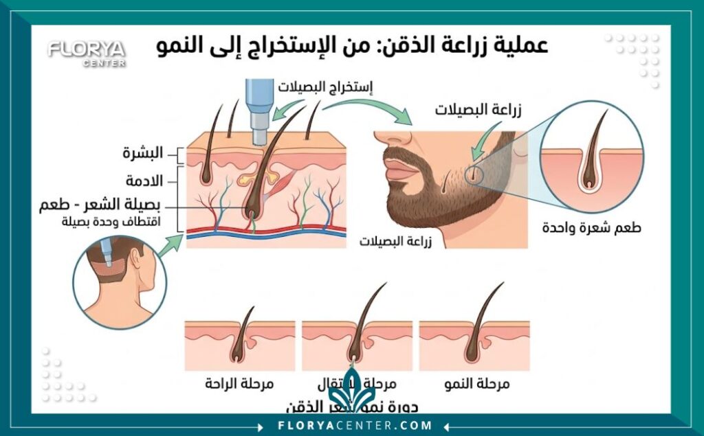 رسم توضيحي طبي لعملية زراعة الذقن يوضح مراحل اقتطاف البصيلات وزراعتها ودورة نمو الشعر، مع شرح المصطلحات الطبية باللغة العربية.