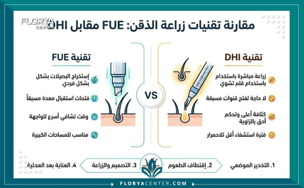 انفوجرافيك طبي باللغة العربية يقارن بين تقنيتي FUE و DHI لزراعة الذقن، يوضح المزايا والخطوات والفرق في النتائج وفتحات القنوات.
