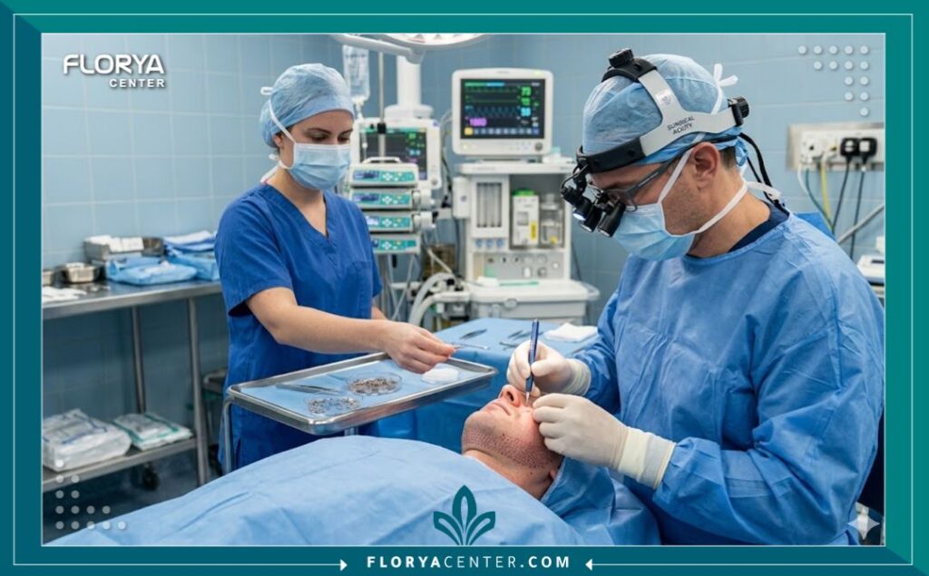 صورة واقعية من داخل غرفة عمليات معقمة تُظهر جراحًا وفريقه الطبي يجرون عملية زراعة الذقن لمريض تحت إضاءة جراحية ساطعة وتركيز مهني دقيق.