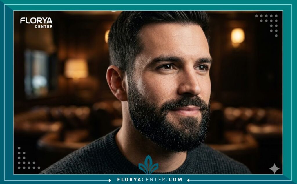 لقطة مقربة (Focus) لوجه موديل رجل جذاب تُبرز كثافة وتحديد شعر اللحية الطبيعي بعد زراعة الذقن، مع إضاءة جمالية ناعمة تبرز ملمس الشعر الجذاب.