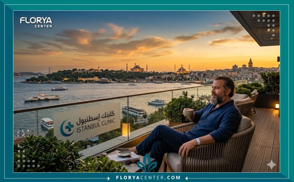 مشهد بانورامي لغروب الشمس على مضيق البوسفور في إسطنبول، تركيا، يُظهر معالمها الشهيرة وفندقًا فاخرًا يجمع بين هدوء السياحة العلاجية والرفاهية.