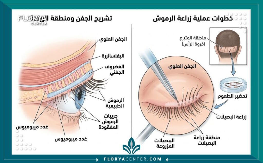 مخطط طبي يوضح تشريح الجفن وكيفية زراعة بصيلات الشعر الجديدة لزيادة كثافة الرموش بشكل دائم.