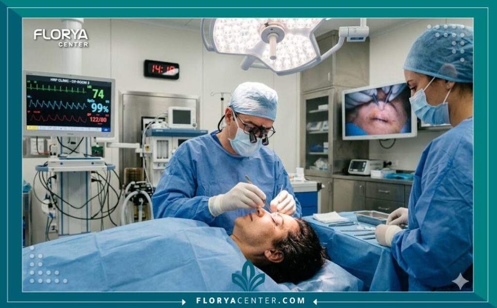 لقطة واقعية من داخل غرفة عمليات معقمة حيث يقوم طبيب متخصص بزراعة بصيلات الشعر بدقة على جفن المريض لزيادة كثافة الرموش.