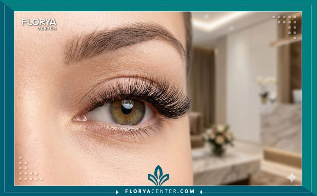 لقطة مقربة تظهر جمال وكثافة الرموش بعد عملية زراعة ناجحة لمظهر طبيعي وجذاب.