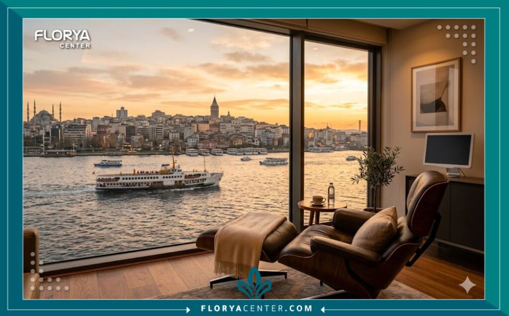 منظر بانورامي لمضيق البوسفور وبرج غالاتا في اسطنبول، يجمع بين جمال المدينة ورفاهية السياحة العلاجية لزراعة الرموش.