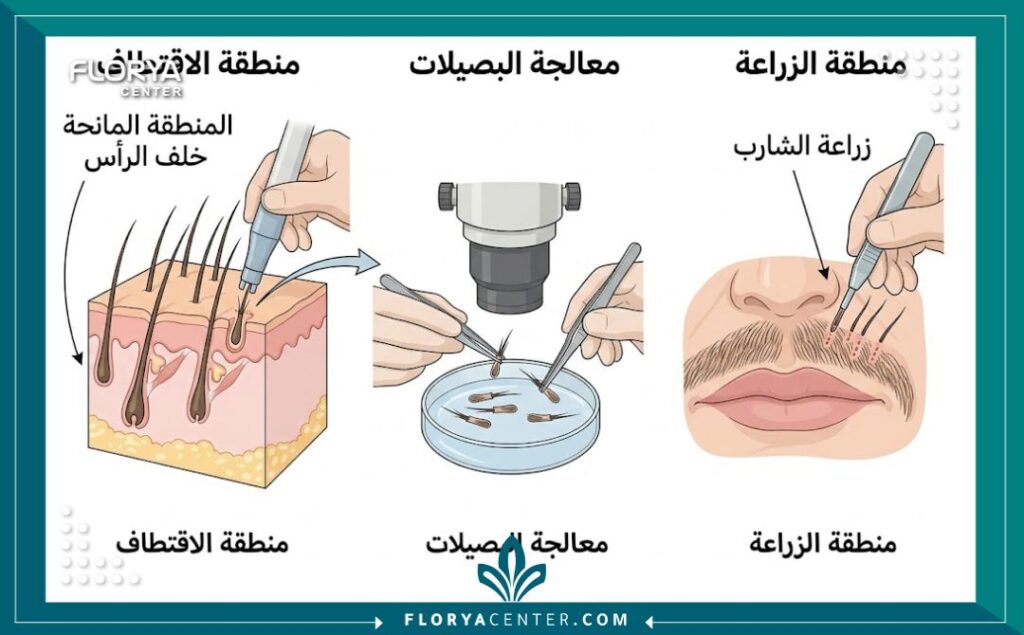 رسم توضيحي طبي يوضح عملية اقتطاف البصيلات FUE لزراعة الشارب، من المنطقة المانحة إلى منطقة الشارب.