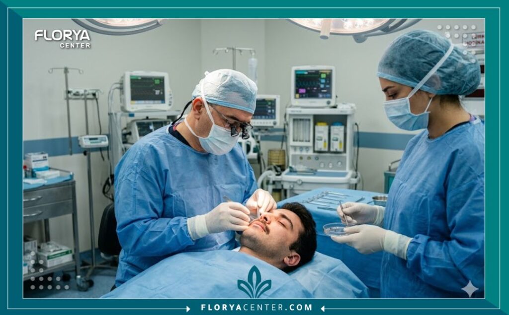 لقطة حقيقية داخل غرفة عمليات معقمة لعملية زراعة شارب دقيقة يقوم بها طبيب متخصص ومساعد في عيادة بتركيا.