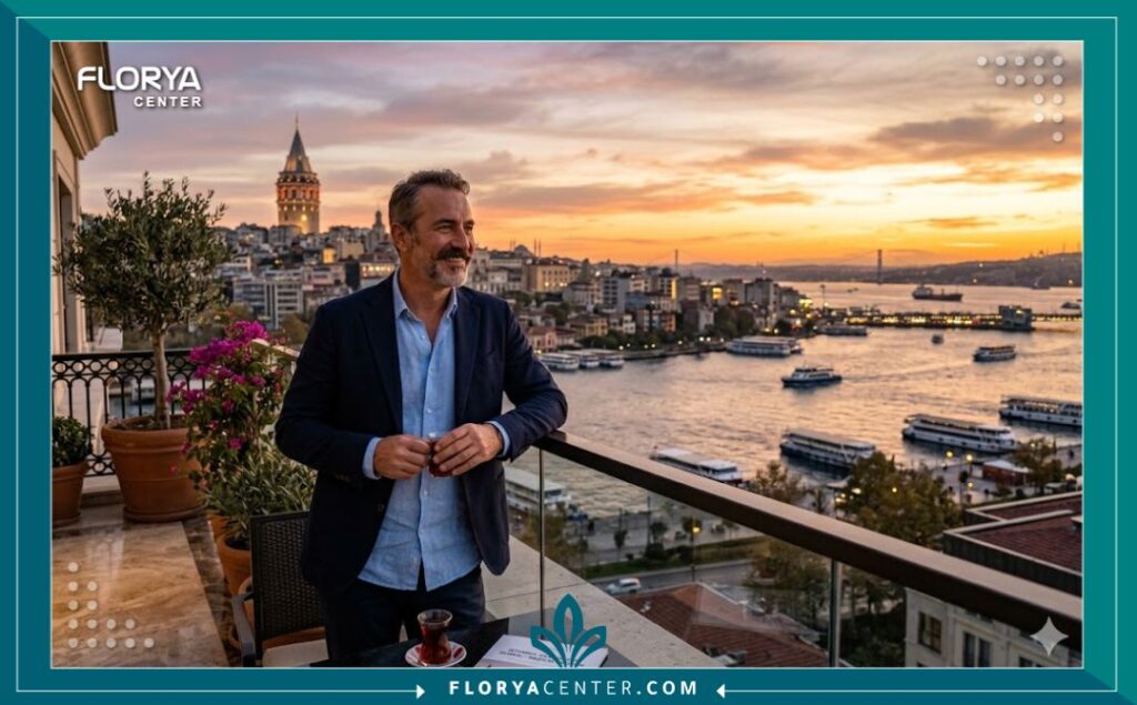 مشهد بانورامي لمدينة إسطنبول الساحرة عند الغروب مع رجل سعيد يُطل على مضيق البوسفور، يُعبر عن سياحة علاجية ناجحة لزراعة الشارب.