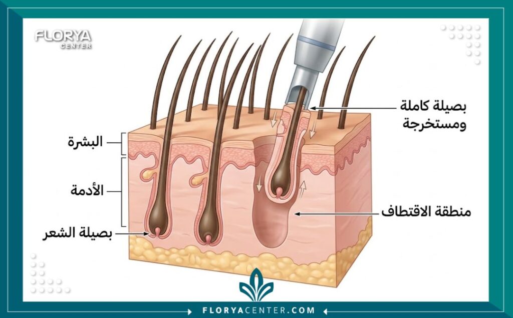 رسم توضيحي لتشريح بصيلة الشعر المزروعة: كيف يتم استخراج البصيلة كاملة لضمان نموها الدائم بعد الزراعة.