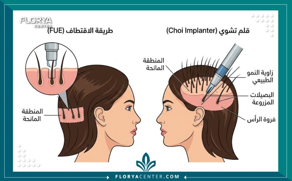 رسم تخطيطي طبي يوضح تقنية أقلام تشوي في زراعة الشعر النساء وتوزيع البصيلات في فروة الرأس.