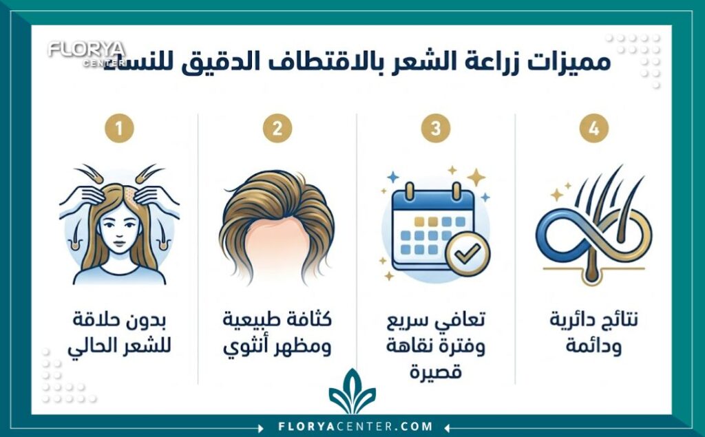 إنفوجرافيك طبي يوضح مميزات زراعة الشعر للنساء بدون حلاقة وبنتائج دائرية وطبيعية.