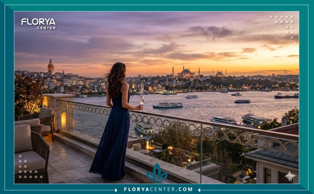 رحلة زراعة الشعر في تركيا للنساء، سيدة عربية تستمتع بمنظر البوسفور في اسطنبول بعد فترة التعافي.