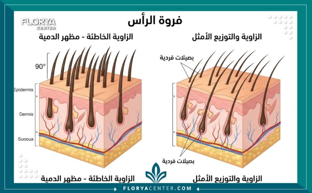 مخطط طبي يوضح الفرق بين زراعة الشعر بالأسلوب الأمثل بزوايا طبيعية وبين الطريقة الخاطئة التي تؤدي لمظهر شعر الدمية القاسي.