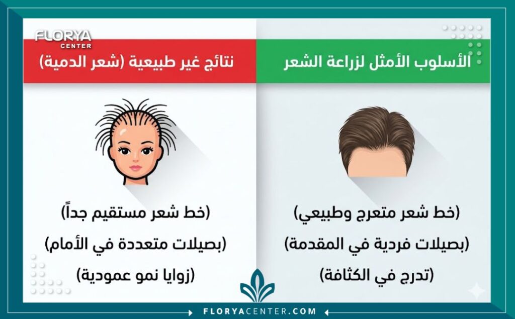إنفوجرافيك للمقارنة بين علامات مظهر شعر الدمية المقلق وخصائص زراعة الشعر بالأسلوب الأمثل للحصول على نتيجة طبيعية وغير مرئية.