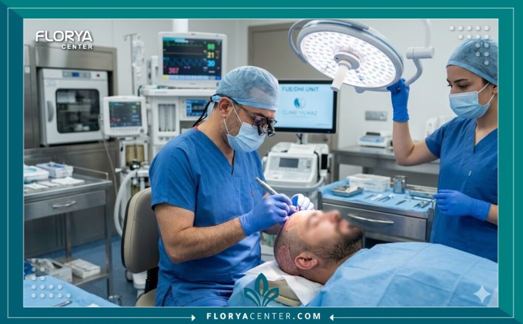 طبيب خبير يقوم بعملية زراعة الشعر بالأسلوب الأمثل باستخدام تقنية أقلام تشوي (DHI) الدقيقة داخل غرفة عمليات معقمة في مركز طبي متخصص.