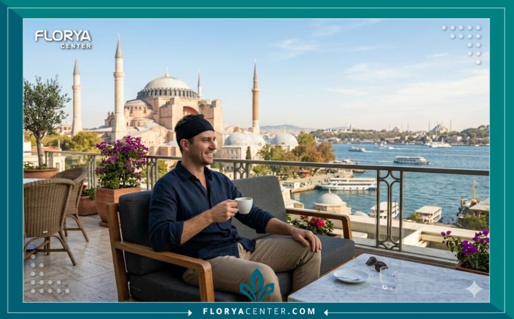 مريض يقضي فترة النقاهة براحة في إسطنبول مطلة على آيا صوفيا بعد إتمام عملية زراعة الشعر بالأسلوب الأمثل في تركيا، يرتدي عصابة الرأس الطبية.