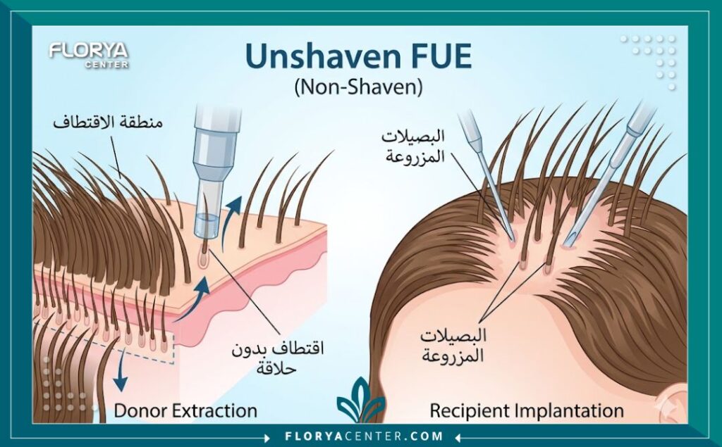 مخطط طبي توضيحي يوضح تقنية الاقتطاف FUE للنساء بدون حلاقة، يظهر كيفية استخراج البصيلات وزراعتها بين خصلات الشعر الطويل الحالية.