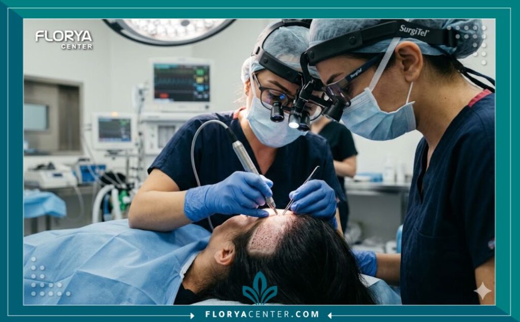 لقطة واقعية احترافية لطبيبة متخصصة تقوم بإجراء عملية زراعة شعر دقيقة بتقنية الاقتطاف امرأة في عيادة معقمة وحديثة في تركيا.