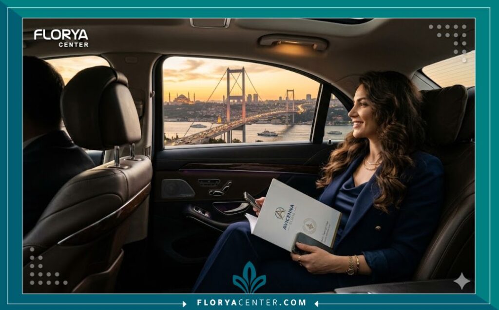 امرأة سعيدة بشعرها الجديد تجلس في سيارة فاخرة وتنظر إلى مضيق البوسفور في اسطنبول بعد رحلة علاجية ناجحة لزراعة الشعر للنساء في تركيا.