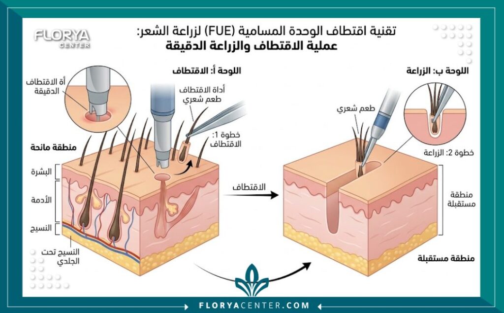 رسم توضيحي طبي يشرح آلية عملية زراعة الشعر بالاقتطاف FUE خطوة بخطوة وكيفية استخراج البصيلات بشكل فردي.