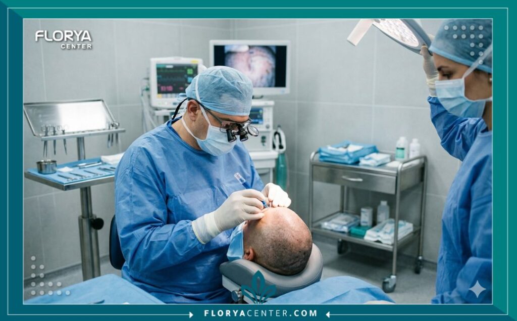 لقطة واقعية من داخل غرفة عمليات معقمة أثناء قيام طبيب متخصص بإجراء عملية زراعة شعر باستخدام تقنية FUE الحديثة.