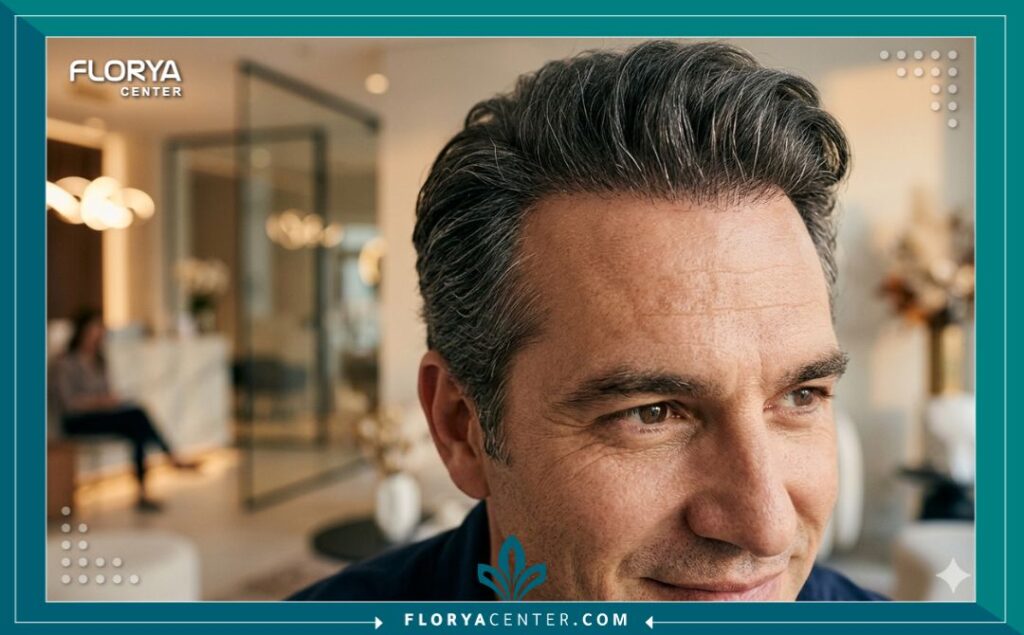 لقطة قريبة جمالية تركز على نجاح زراعة بصيلات الشعر في منطقة الصدغين بتقنية FUE لمظهر طبيعي وكثيف.