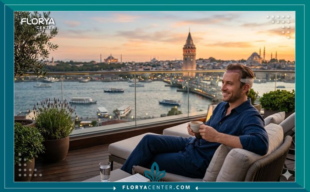 تجربة السياحة العلاجية في تركيا: مريض يقضي فترة النقاهة بعد عملية زراعة الشعر بالاقتطاف FUE في إسطنبول مع إطلالة على البوسفور.