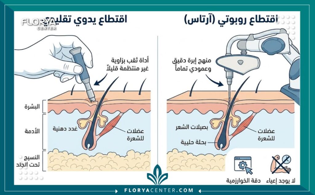 رسم توضيحي طبي يقارن بين زاوية الاقتطاف اليدوي والاقتطاف الدقيق باستخدام روبوت ارتاس لزراعة الشعر، موضحاً حماية بصيلات الشعر من التلف.