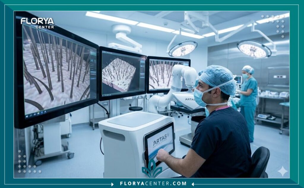 غرفة عمليات معقمة في مركز تجميل تركي تظهر غرفة التحكم الخاصة بروبوت زراعة الشعر ارتاس، مع فنيين يراقبون تحليل الذكاء الاصطناعي للبصيلات على الشاشات.