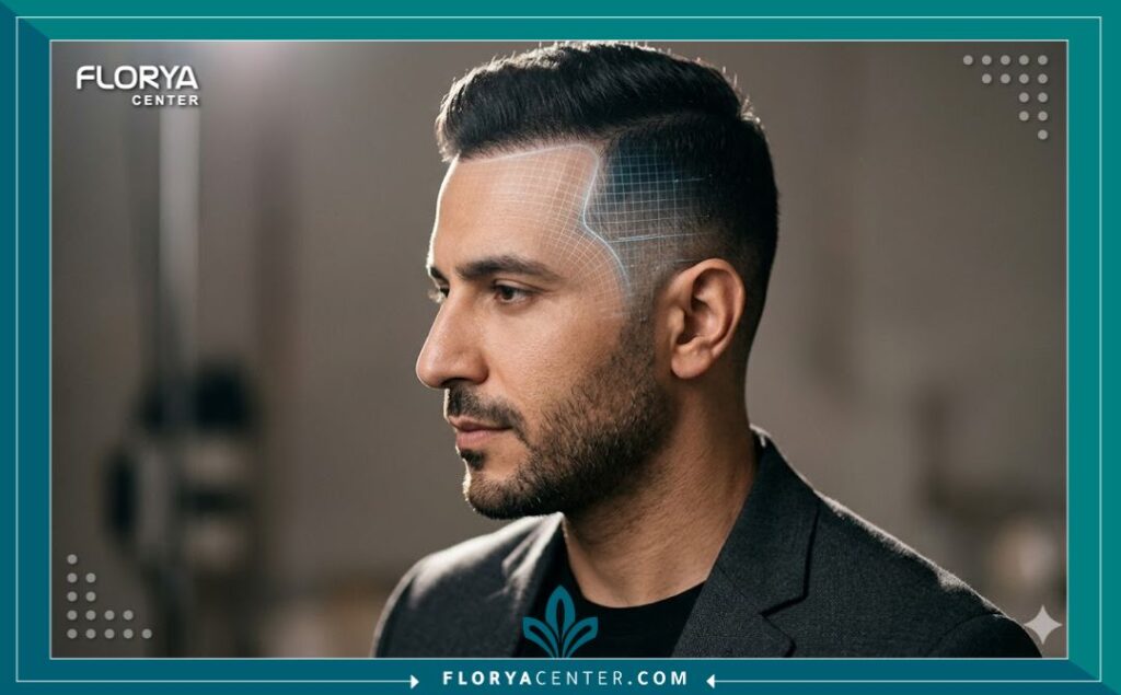 لقطة مقربة لجانب وجه مريض (موديل) تظهر خط الشعر الطبيعي والكثافة بعد عملية ناجحة بتقنية ارتاس لرأب الشعر، مع تحديد رمزي لمنطقة الاقتطاف بالذكاء الاصطناعي.