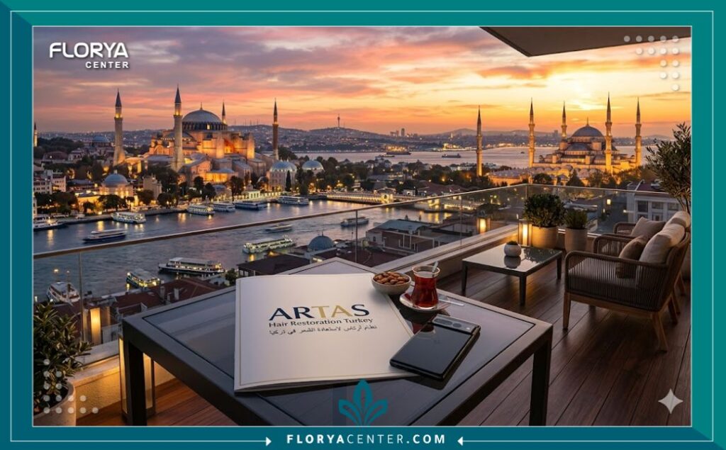 إطلالة بانورامية لغروب الشمس في إسطنبول مع آيا صوفيا ومضيق البوسفور، ترمز إلى تجربة السياحة العلاجية الراقية لإجراء زراعة الشعر بالروبوت ارتاس في تركيا.