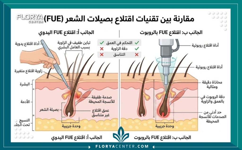 رسم تخطيطي طبي يوضح الفرق في الدقة بين اقتلاع الشعر اليدوي واقتلاع الشعر بالروبوت.