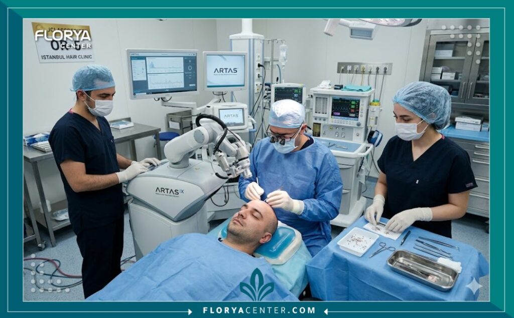 غرفة عمليات معقمة ومجهزة بأحدث أجهزة زراعة الشعر بالروبوت في مستشفى تركي مرموق.