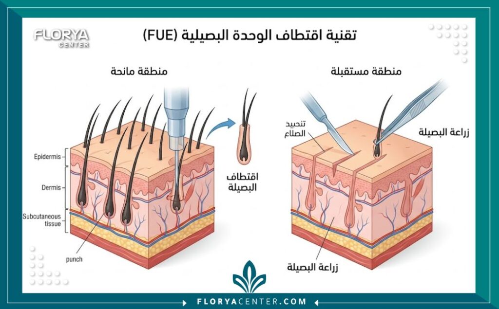 رسم تخطيطي طبي يوضح مراحل عملية زراعة الشعر بتقنية FUE من الاقتطاف إلى الزراعة بالصور