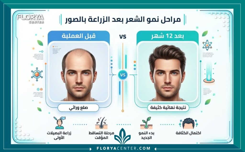 إنفوجرافيك يوضح مقارنة بالصور بين قبل وبعد زراعة الشعر، ومراحل نمو وكثافة الشعر والشكل النهائي.