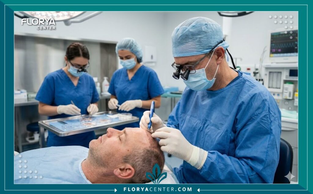 داخل غرفة العمليات: جراح زراعة شعر يقوم بزراعة البصيلات بدقة باستخدام قلم تشوي في مشفى معقم.