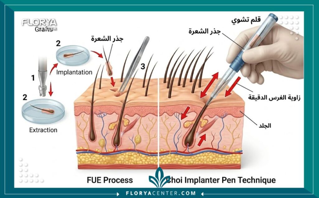 رسم تخطيطي طبي يوضح آلية عمل قلم تشوي (DHI) وكيفية غرس بصيلات الشعر مباشرة في الجلد بالزاوية والعمق المناسبين لضمان الكثافة.