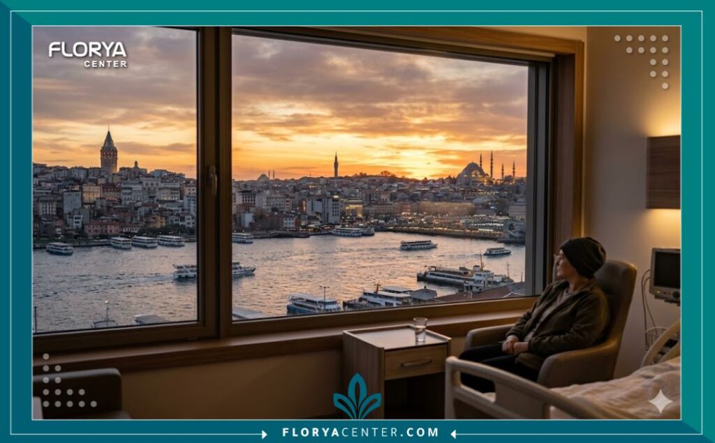 إطلالة بانورامية ساحرة على مدينة اسطنبول ومضيق البوسفور عند الغروب، ترمز لتجربة السياحة العلاجية المريحة لزراعة الشعر بقلم تشوي في تركيا.