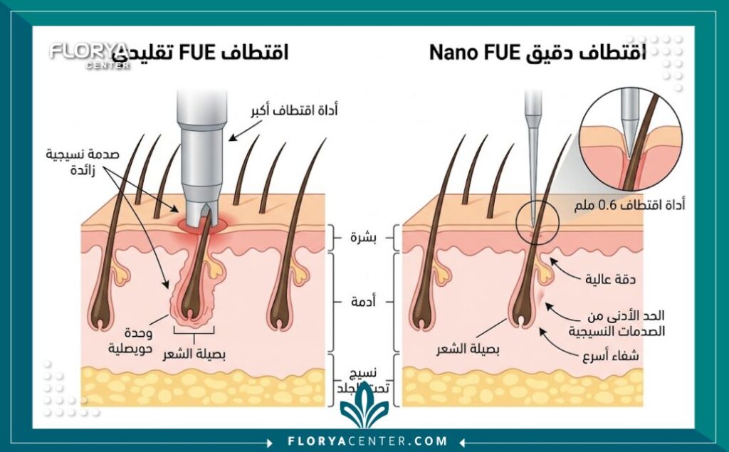 رسم تخطيطي طبي يوضح الفرق في حجم رأس الاقتطاف بين تقنية FUE التقليدية وتقنية الاقتطاف الدقيق Nano Fue لضمان عدم وجود ندبات.