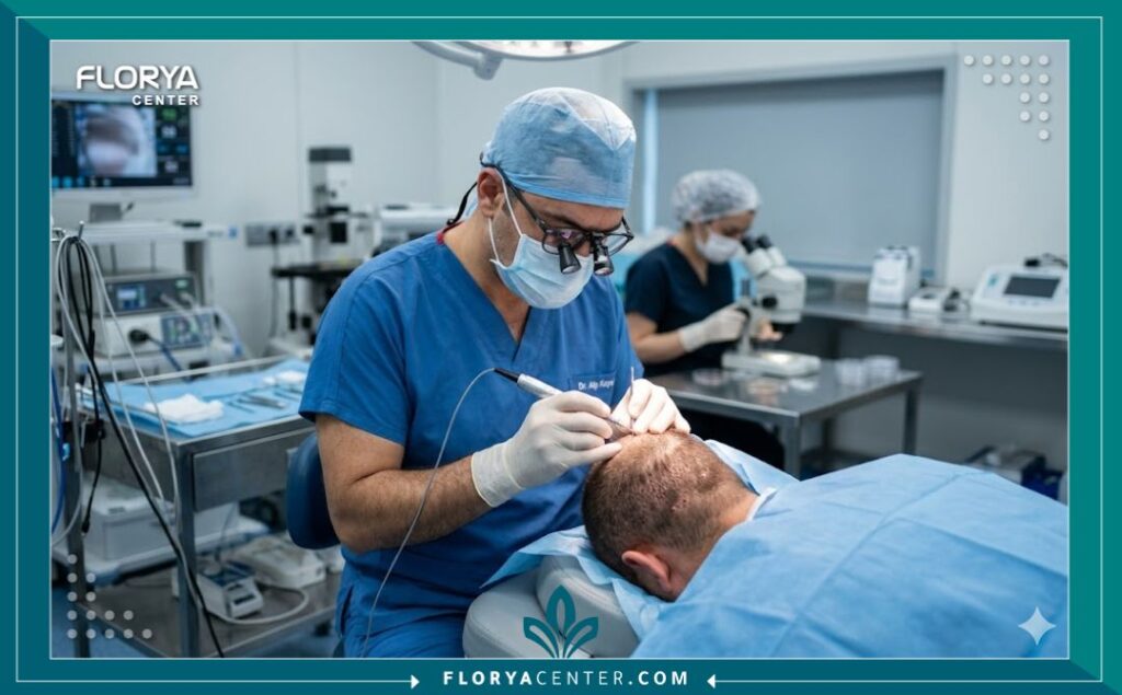 طبيب مختص يقوم بعملية قطف بصيلات الشعر بدقة متناهية باستخدام أداة Nano Fue الدقيقة في غرفة عمليات معقمة في اسطنبول.