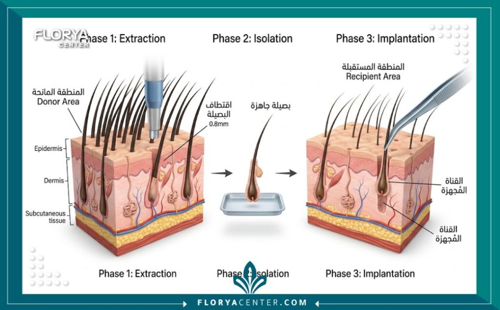 صورة سينمائية احترافية تظهر نتيجة نهائية طبيعية وجذابة لزراعة الشعر بتقنية الاقتطاف FUE لرجل واثق في عيادة حديثة.
