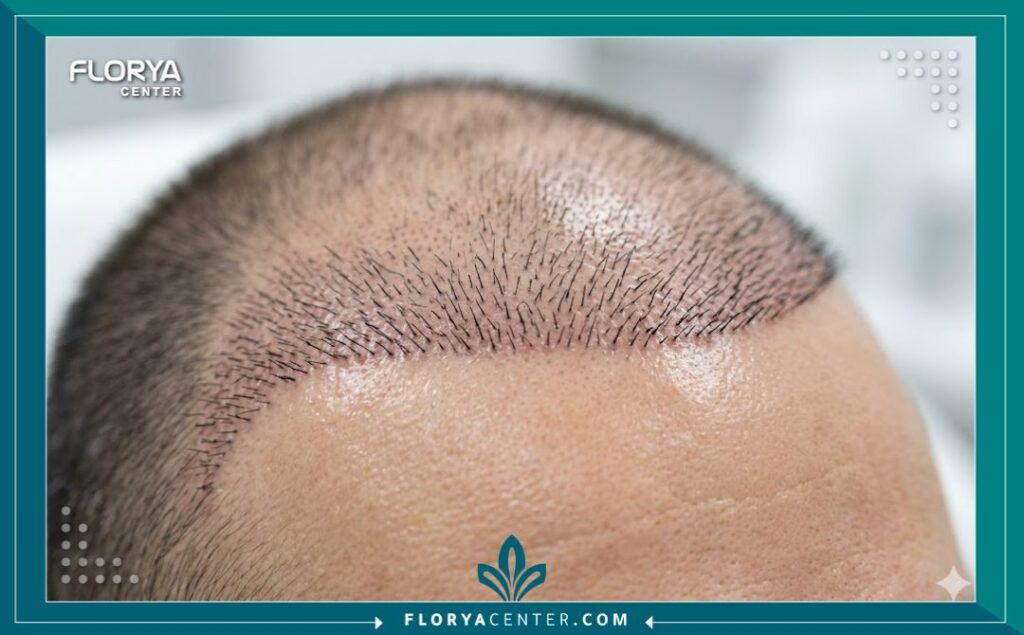 صورة قريبة جداً (ماكرو) تظهر دقة توزيع واتجاه بصيلات الشعر المزروعة بتقنية FUE على طول خط الشعر الأمامي لمظهر طبيعي.